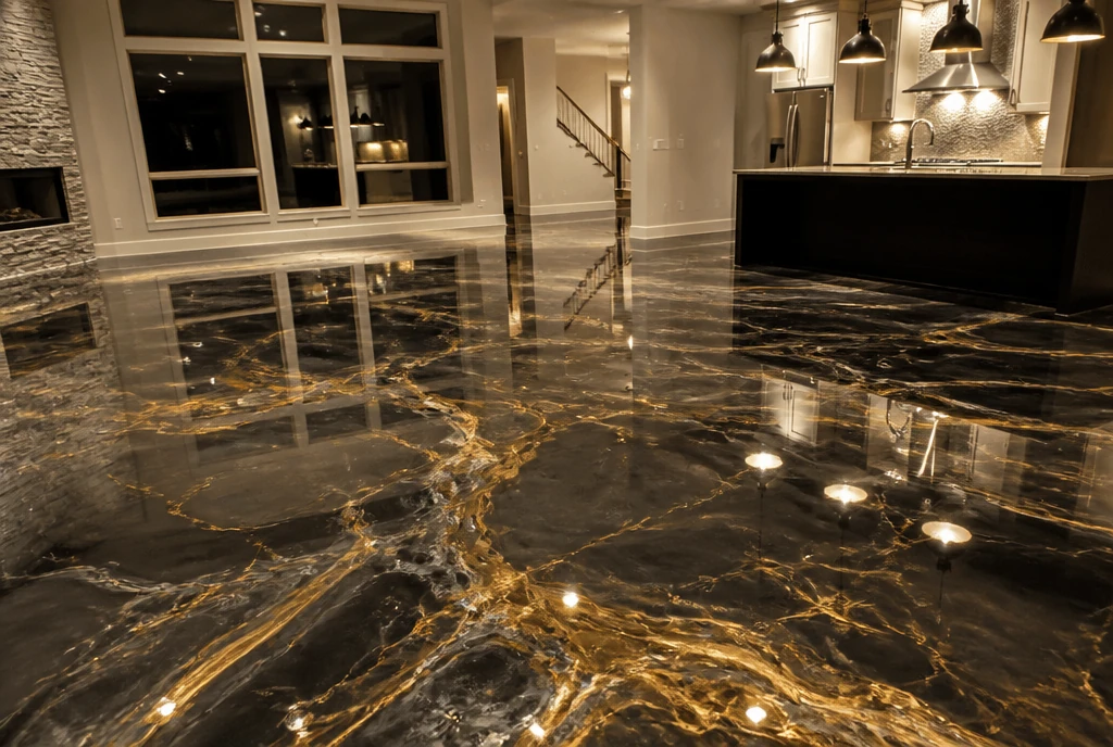 LuxPro Epoxy custom black and gold metallic epoxy floor